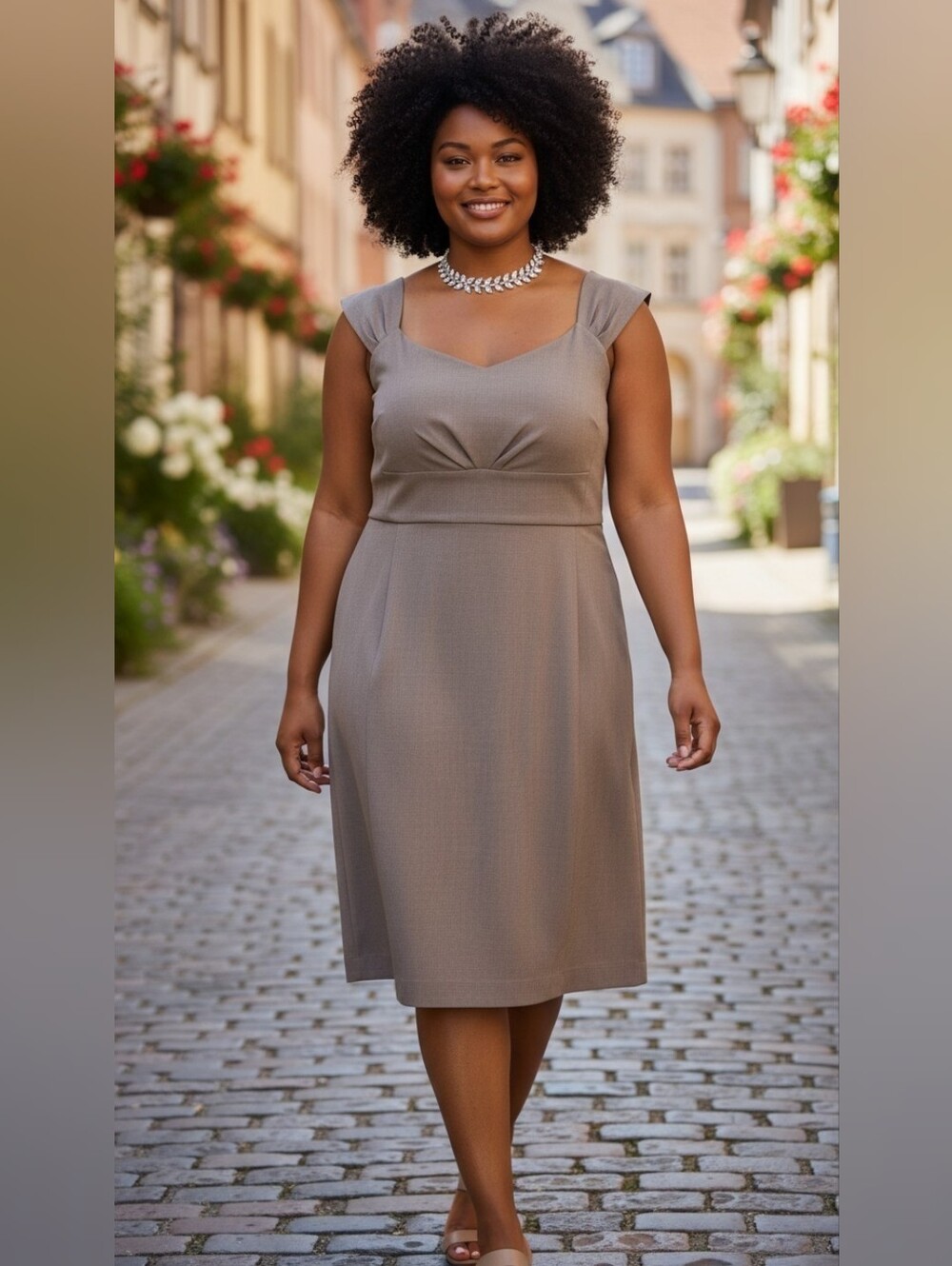 New York & Company Taupe Cap-Sleeve Sheath Dress